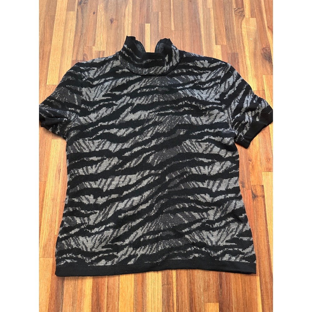 Dana Buchman Sweater Women Petite S Black Excellent Merino Wool Mock Neck Tiger